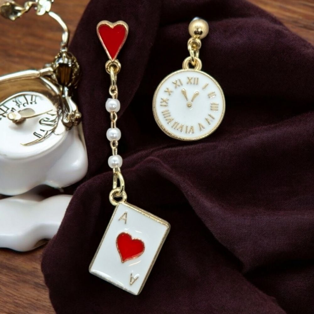 Playing Card Watch Mismatched Earrings – Alice in Wonderland Statement Whimsical